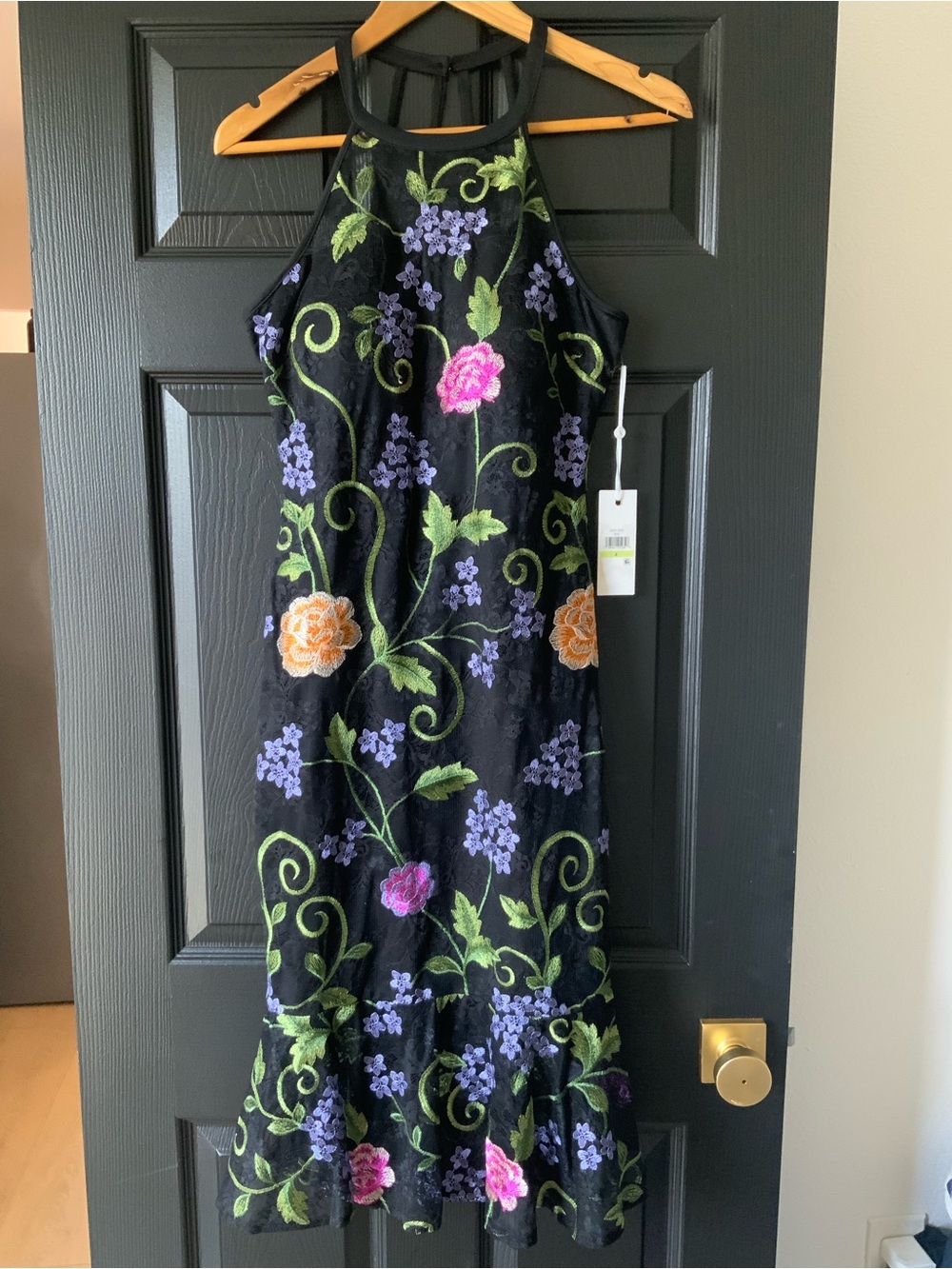 Black Halter Midi Dress with Multicolor Floral Embroidery